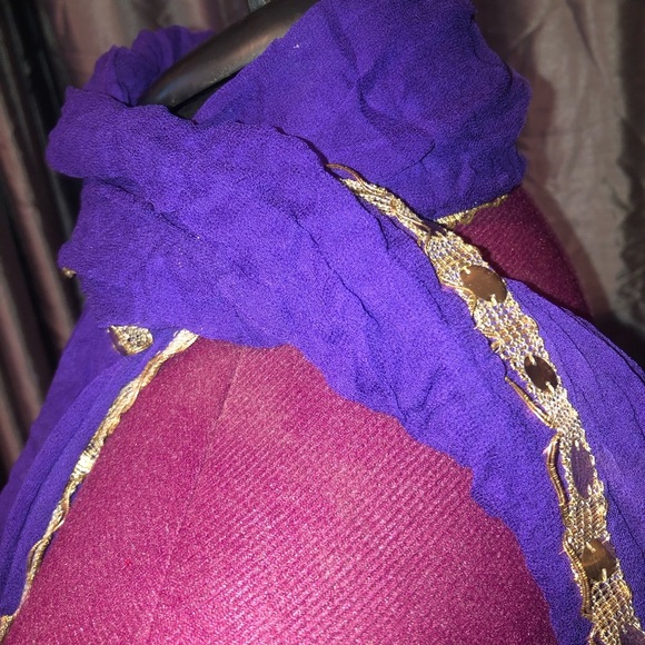 Purple and Gold Chiffon Scarf with Cascading Design used for belly dancing - Picture 4 of 5